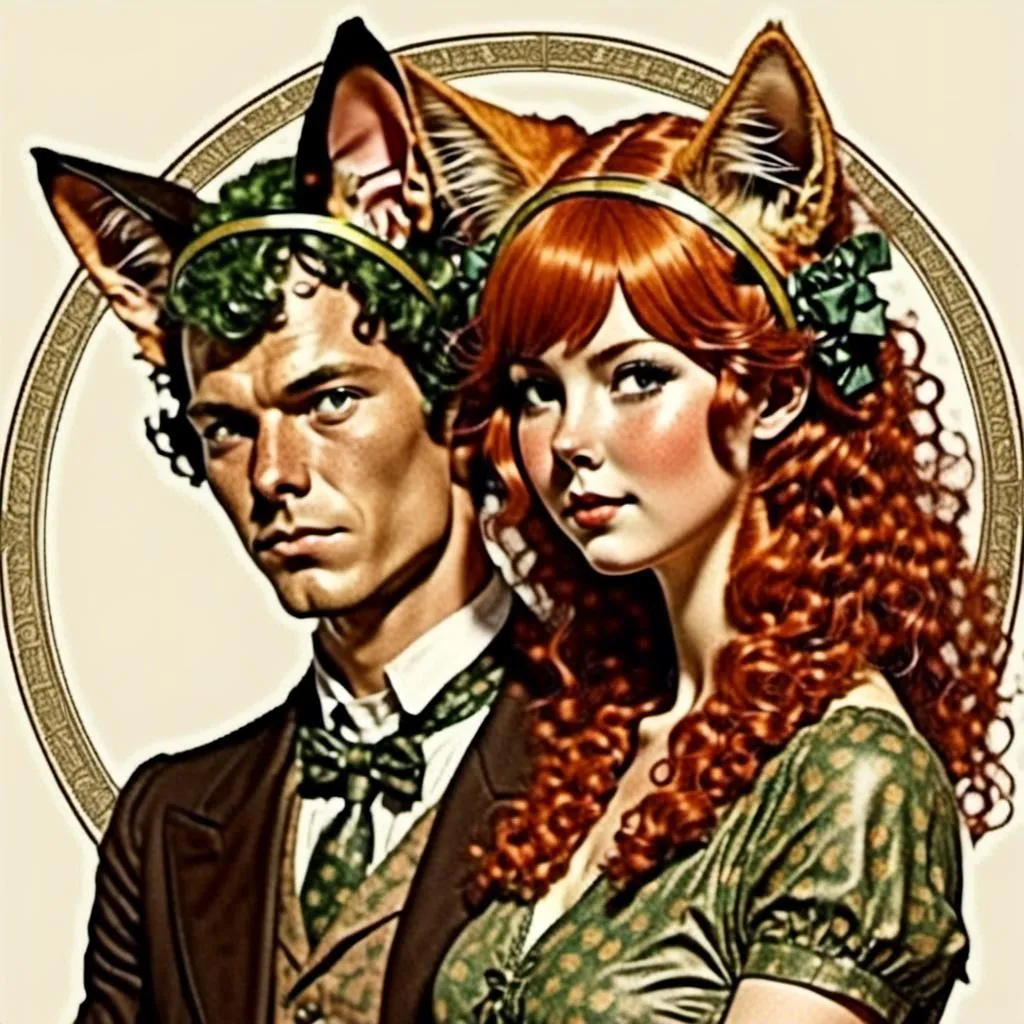 Prompt: <mymodel>couple with cat ears in vintage lithograph style, 1920's advertisement tools, matching cat ears to hair color, extremely detailed,  lithograph, detailed hair, intricate clothing,  high quality, vintage, detailed cat ears, historical, sepia lighting