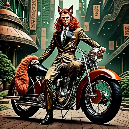 Prompt: <mymodel> Full body view of Rugged Man with human face and cat ears in 1940's futuristic Motorcycle Advertisement, matching cat ears to hair color, extremely detailed, intricate clothing, high quality, intricate, futuristic-retro futurism, historical, detailed hair, detailed spaceship in background