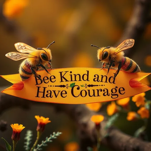 Prompt: fantasy style, (two Honey bees at each end of a banner that reads),(accurately spelled text "Bee Kind and Have Courage"), warm color scheme, vibrant hues of orange and gold, whimsical springtime  atmosphere, cozy and enchanting vibe, intricate details in design, magical aura, high quality, ultra-detailed, captivating and inviting presentation.