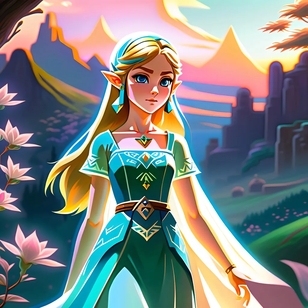 Prompt: (realism style), (pastel color scheme), scenic portrayal of the enigmatic, adventurous Zelda, intricate details in her elegant dress, soft hues illuminating her expression, dreamy background featuring enchanting landscapes, gentle lighting casting a calming atmosphere, 4K, ultra-detailed resurgence of a beloved character, capturing her spirit and timeless allure.