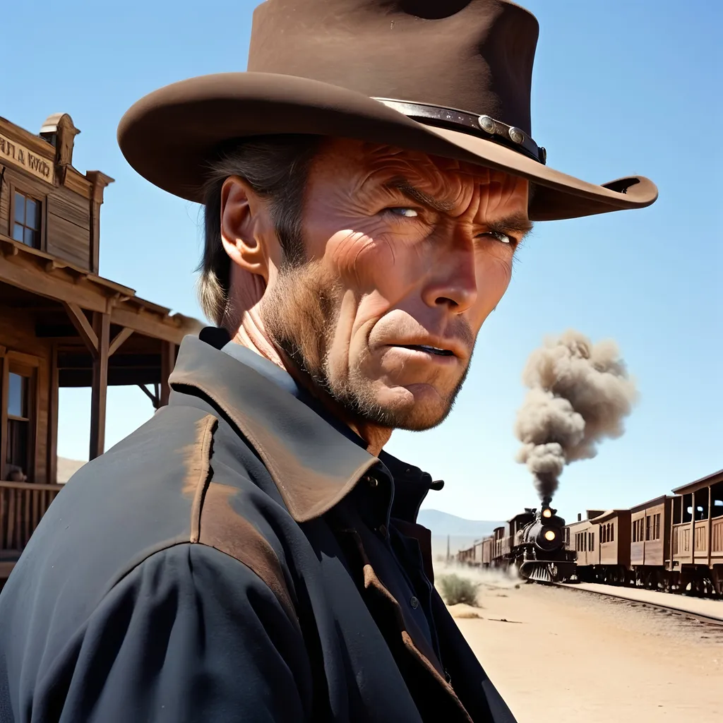 Prompt: Clint Eastwood as Johnna Hex Scar Partiall closing half of his mouth, 
Old West Scene, Gunfight at High Noon, Wild West Town, Train on the Horizon  