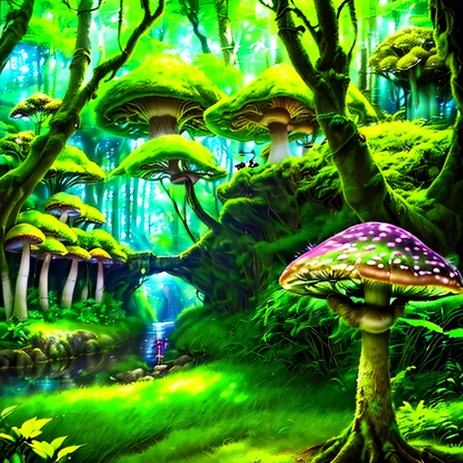 Prompt: (photorealistic style), lush Hyrule, vibrant warm colors, enchanting atmosphere, sunlight filtering through dense foliage, soft glowing mushrooms, serene winding path, magical fauna, mystical creatures peeking from behind trees, deep green foliage with golden highlights, ultra-detailed, immersive landscape, tranquil ambiance, adventurous spirit, ideal for storytelling backgrounds.