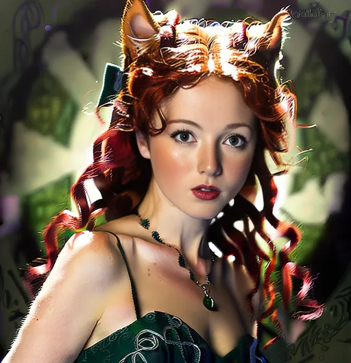 Prompt: Japanese illustration of Celtic woman  in her 40's with cat ears and tail lips parted, long red curly hair, long flowing dress, detailed green eyes,  delicate, beautiful, artistic, diffused lighting, detailed Scottish background