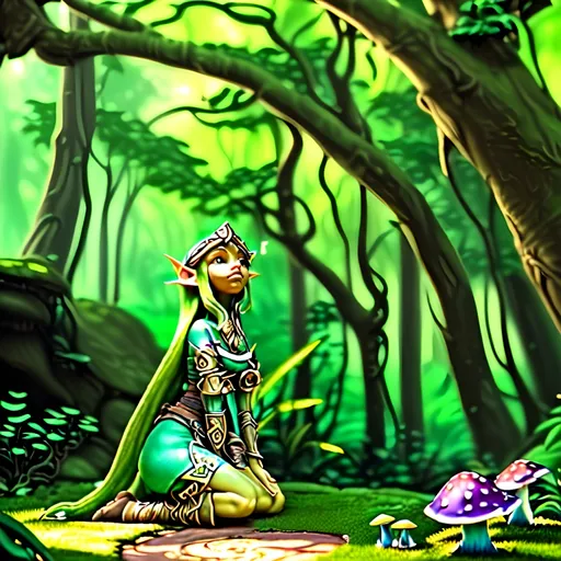 Prompt: (photorealistic style),Elf woman in lush Hyrule, vibrant warm colors, enchanting atmosphere, sunlight filtering through dense foliage, soft glowing mushrooms, serene winding path, magical fauna, mystical creatures peeking from behind trees, deep green foliage with golden highlights, ultra-detailed, immersive landscape, tranquil ambiance, adventurous spirit, ideal for storytelling backgrounds.