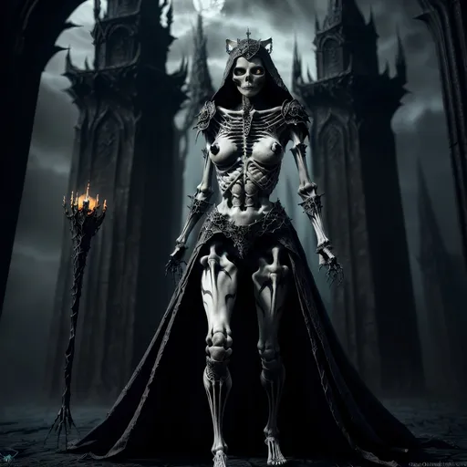 Prompt: skeletal bone Queen, dark color scheme, (fantasy RPG style), mysterious atmosphere, eerie background, intricate detailed armor, feline features woven into the design, dynamic pose, shadows and highlights emphasizing depth, high-adrenaline scene, (4K), ultra-detailed, magical aura surrounding the character, enchanting yet ominous vignette, dramatic composition.