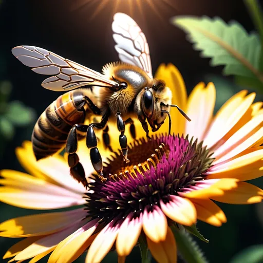 Prompt: Close up (Honey bee sipping nectar on a flower, all six legs visible), intricate wing details, photorealism, nature, dark steampunk artstyle, summer vibes, warm color scheme, vibrant, high-depth color tones, ultra-detailed, HD, 4K, crisp focus, atmospheric, intricate floral background with steampunk elements, metallic textures, gears and cogs intertwined with nature, soft sunlight filtering through, cinematic lighting, dramatic shadows, immersive and captivating scene.