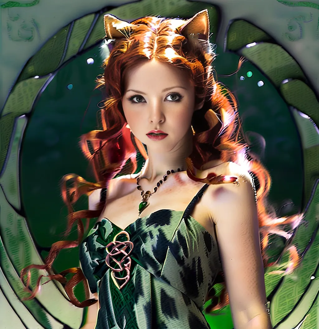 Prompt: Japanese illustration of a Celtic woman with cat ears and tail lips parted, long red curly hair, long flowing dress, detailed green eyes,  delicate, beautiful, artistic, diffused lighting, detailed Scottish background