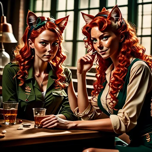 Prompt: <mymodel>Faded colors Old WWII Style Commercial smoking with with friends, detailed human facial anatomy, Cat ears Match Hair Color,  detailed background, natural lighting, highres, professional
