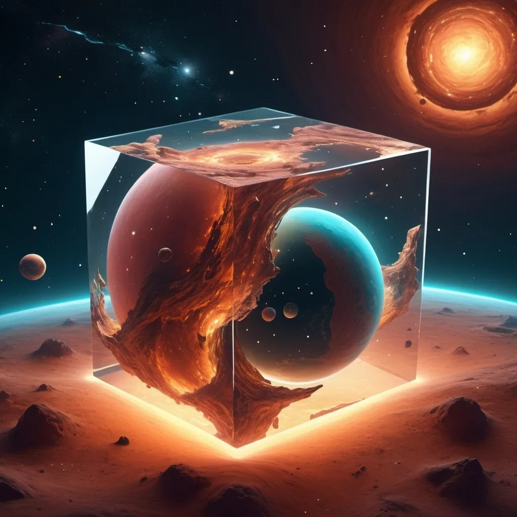 Prompt: surrealism style, (a clear cube-shaped planet factory) in space, warm color scheme, dreamlike atmosphere, ethereal lighting, imaginative designs, cosmic background with stars and nebulae, fluid shapes, whimsical architecture, intriguing structures floating, captivating visuals, high detail, 4K resolution, ultra-detailed features that inspire wonder and curiosity.