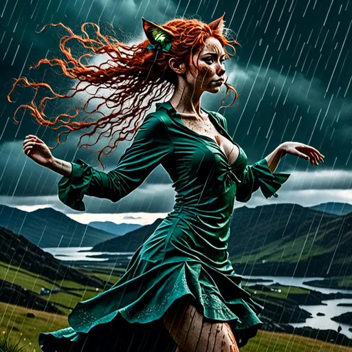 Prompt: <mymodel> highly detailed young woman dancing in the Scottish highlands during a rain storm
 
