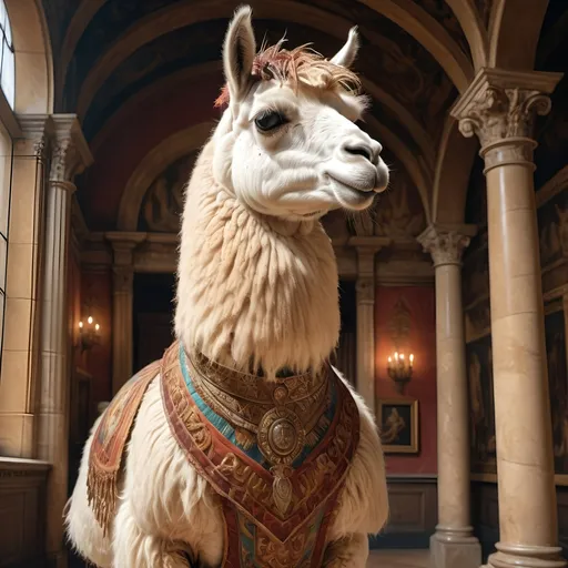 Prompt: (anthropomorphic llama, hugely muscled, heroic pose), (Renaissance art style), warm color palette, rich textures, detailed anatomy, dramatic lighting, heroic atmosphere, uplifting mood, intricate background featuring classical architecture, soft brush strokes, vivid depictions of strength and valor, highly detailed, 4K quality, evocative and timeless composition