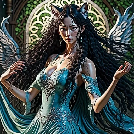 Prompt: <mymodel> Realistic 45 year old Korean woman, detailed long black hair, detailed blue eyes, detailed skin texture, full body view, delicate, diffused lighting, beautiful, artistic, detailed, fantasy style Celtic background, long hair, detailed eyes, full-body pose dancing, elegant, ethereal, soft lighting
