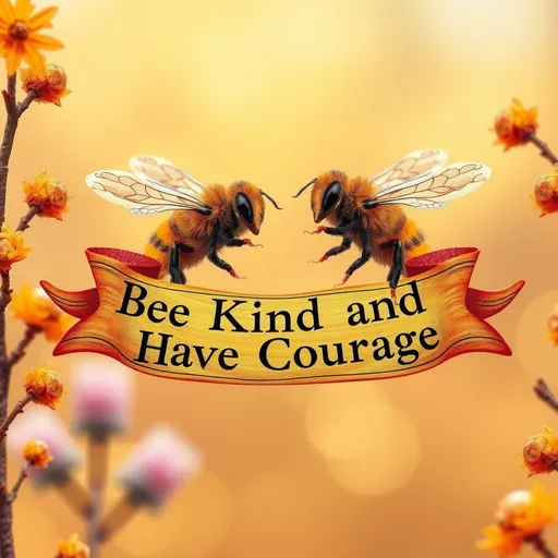 Prompt: fantasy style, (two Honey bees at each end of a banner that reads),(accurately spelled text "Bee Kind and Have Courage"), warm color scheme, vibrant hues of orange and gold, whimsical springtime  atmosphere, cozy and enchanting vibe, intricate details in design, magical aura, high quality, ultra-detailed, captivating and inviting presentation.