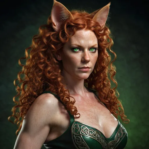 Prompt: Realistic, 40 year old full figured Celtic woman women with cat ears and tail, full long red curly hair, various poses, intense gaze, detailed anatomy, detailed green eyes, realistic skin texture, very low light, detailed hair, professional, highres, detailed, intense, green eyes, cat ears, cat tail, 40 year old full figured Celtic woman, realistic, detailed anatomy, various poses, panting, skin texture, low light, Pen and ink Drawing, professional, realism, detailed hair