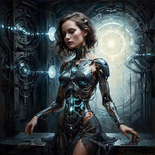 Prompt: (Robotic Cybernetic Woman), surrealism style, dark color scheme, gossamer dress, dramatic lighting with glow effect, radiant light behind her illuminating silhouette, intricate mechanical details, dreamlike atmosphere, crisp contrasts, high depth, ultra-detailed, mysterious and captivating vibe, ethereal presence, hauntingly beautiful, evocative imagery, enchanting subtleties in fabric texture, unsettling yet mesmerizing composition.