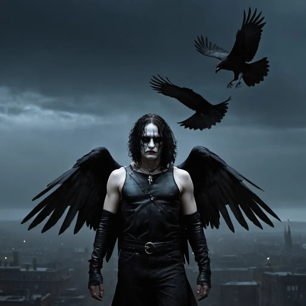 Prompt: (misc-macabre style), dark color scheme, (The Crow) movie character, haunting atmosphere, somber lighting, intricate details, dramatic shadows, urban background, mysterious mood, deep blues, stark blacks, intense contrasts, surreal elements, gothic aesthetics, ultra-detailed, cinematic quality, evoking feelings of melancholy and intrigue.