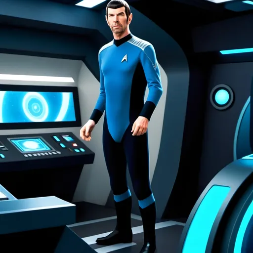 Prompt: (futuristic-sci-fi style), Spock with goatee), cool color scheme, vibrant blues and metallic silvers, high-tech backgrounds with glowing circuits, dramatic and cinematic lighting, highlighting their expressions, intricate details on outfits, ultra-detailed character design, atmospheric mood evoking exploration and adventure, striking visuals reminiscent of classic sci-fi themes.