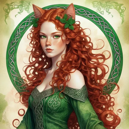 Prompt: Chinese-ink illustration of a Celtic woman with cat ears and tail, long red curly hair, detailed green eyes, detailed skin texture, full body view, delicate, diffused lighting, beautiful, artistic, detailed, fantasy style Celtic background