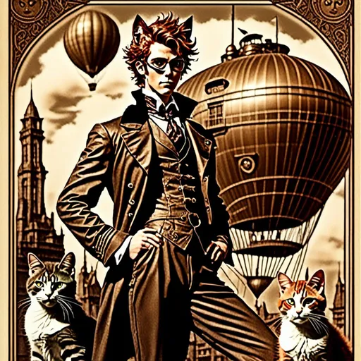 Prompt: <mymodel>high quality vintage lithograph, artstyle-steampunk, Full body view of Man with human face with goggles and cat ears, Dirigible Advertisement, matching cat ears to hair color, extremely detailed, intricate clothing, intricate, historical, detailed hair, detailed Blimp in background,  detailed eyes, atmospheric lighting, vintage sepia tones