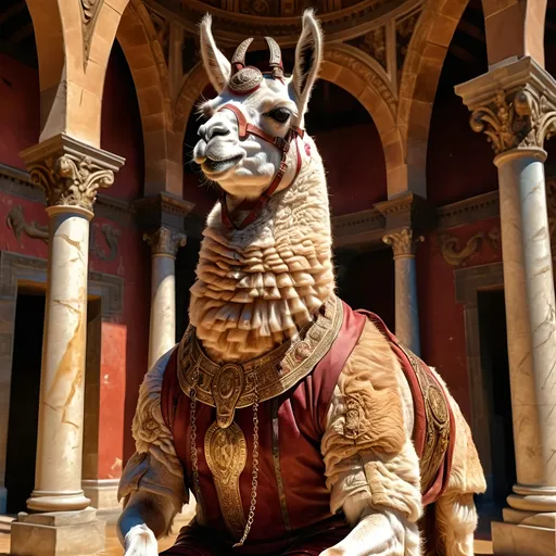 Prompt: (anthropomorphic llama, extremely godlike muscled, heroic pose, full body shot), (Renaissance art style), warm color palette, rich textures, detailed anatomy, dramatic lighting, heroic atmosphere, uplifting mood, intricate background featuring classical architecture, soft brush strokes, vivid depictions of strength and valor, highly detailed, 4K quality, evocative and timeless composition