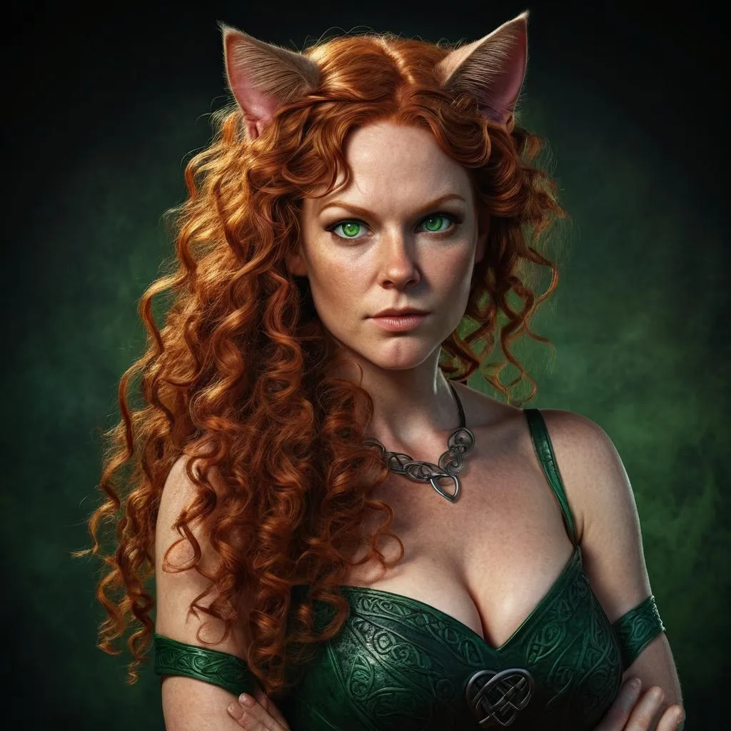 Prompt: Realistic, 40 year old full figured Celtic woman women with cat ears and tail, full long red curly hair, various poses, intense gaze, detailed anatomy, detailed green eyes, realistic skin texture, very low light, detailed hair, professional, highres, detailed, intense, green eyes, cat ears, cat tail, 40 year old full figured Celtic woman, realistic, detailed anatomy, various poses, panting, skin texture, low light, Pen and ink Drawing, professional, realism, detailed hair