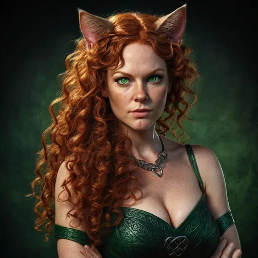 Prompt: Realistic, 40 year old full figured Celtic woman women with cat ears and tail, full long red curly hair, various poses, intense gaze, detailed anatomy, detailed green eyes, realistic skin texture, very low light, detailed hair, professional, highres, detailed, intense, green eyes, cat ears, cat tail, 40 year old full figured Celtic woman, realistic, detailed anatomy, various poses, panting, skin texture, low light, Pen and ink Drawing, professional, realism, detailed hair