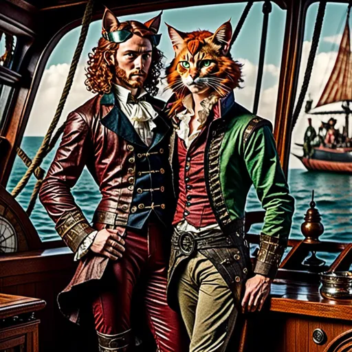 Prompt: <mymodel> Full body view of Rugged Man with human face and cat ears in 1600's Schooner Advertisement, matching cat ears to hair color, extremely detailed, intricate clothing, high quality, intricate, futuristic-retro futurism, historical, detailed hair, detailed spaceship in background