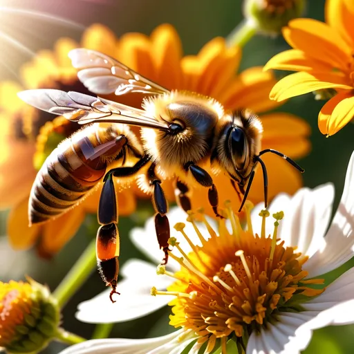 Prompt: Close up (Honey bee sipping nectar on a flower, all six legs visible), intricate wing details, nature, summer vibes, warm color scheme, photorealism, crisp focus, ultra-detailed, high-definition, 4K, vibrant colors, sunlight filtering through, blooming flowers in the background, tranquil atmosphere, vivid yellow, orange, and green tones, cinematic depth, breathtaking natural beauty.