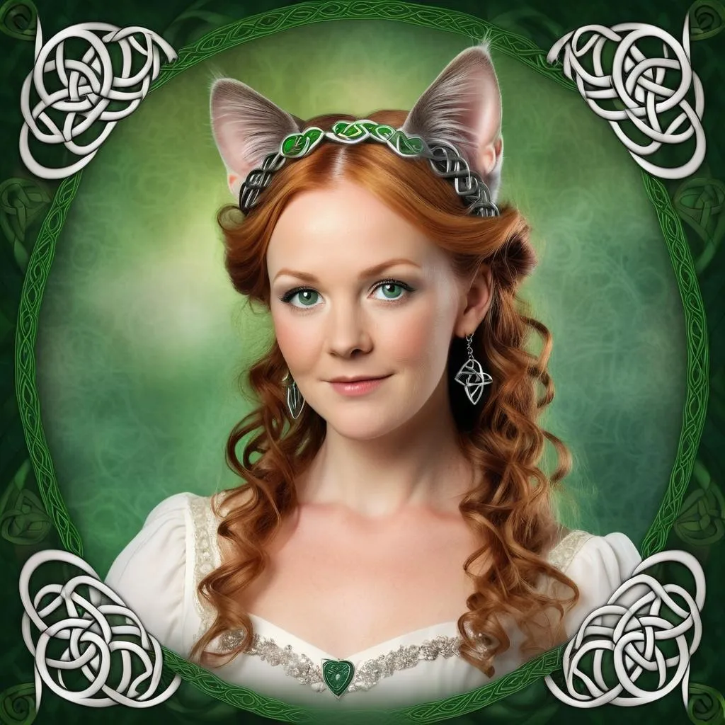 Prompt: 45 Year old Celtic woman with delicate cat ears, detailed Celtic Background