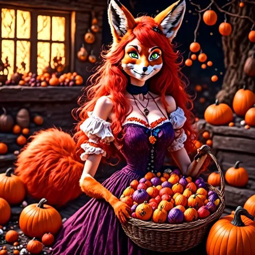 Prompt: <mymodel> Red Foxy Dressed a a witch offering a giant basket of candy corns to trick or treaters