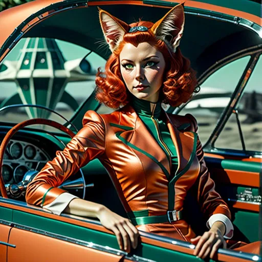 Prompt: <mymodel> Full body view of Man with cat ears in 1960's  futuristic Automobile, Advertisement for a space ship, matching cat ears to hair color, extremely detailed, intricate clothing, high quality, intricate, futuristic-retro futurism, historical, detailed hair, detailed spaceship in background