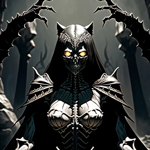 Prompt: skeletal bone Queen, dark color scheme, (fantasy RPG style), mysterious atmosphere, eerie background, intricate detailed armor, feline features woven into the design, dynamic pose, shadows and highlights emphasizing depth, high-adrenaline scene, (4K), ultra-detailed, magical aura surrounding the character, enchanting yet ominous vignette, dramatic composition.