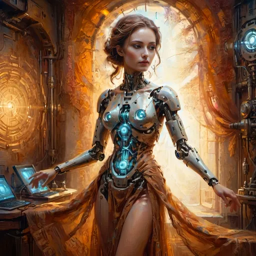 Prompt: (Robotic Cybernetic Woman), fantasy style, ethereal gossamer dress, (dramatic lighting), warm color scheme, (radiant light) illuminating silhouette, soft glow effect, enchanting ambiance, intricate mechanical details, serene expression, flowing fabric textures, surreal background, high depth, 4K quality, captivating atmosphere, cinematic and otherworldly vibes.