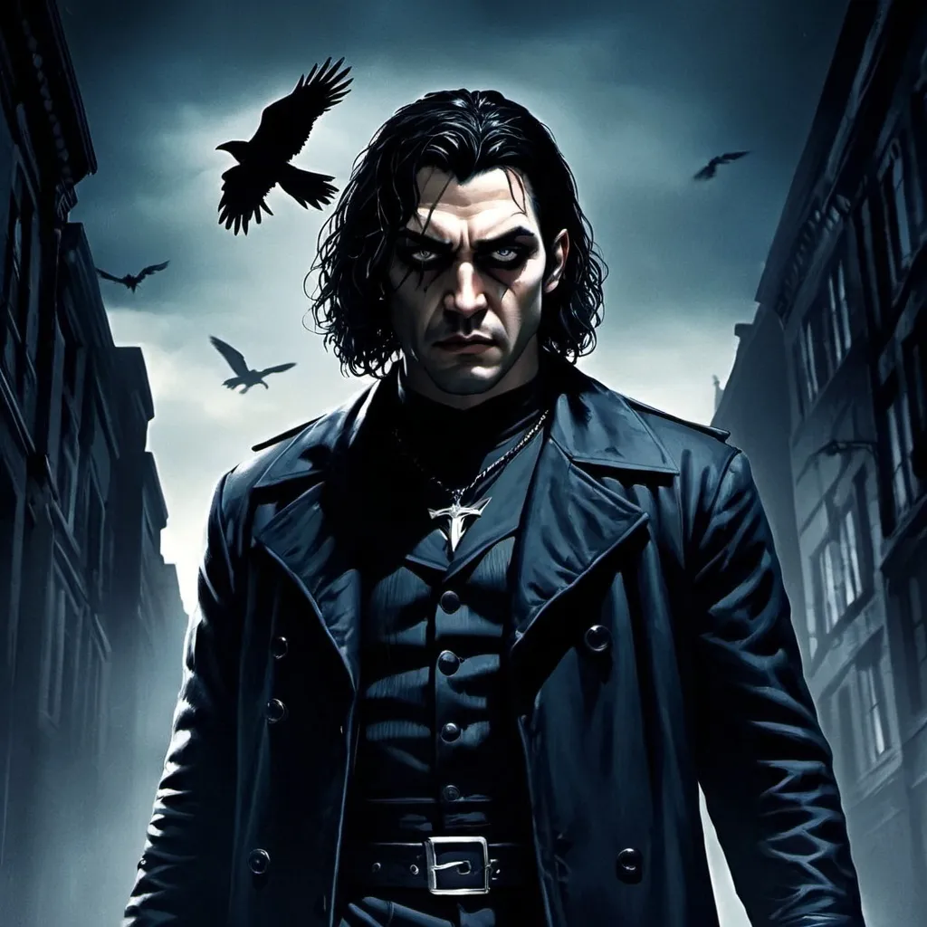 Prompt: (misc-macabre style), dark color scheme, (The Crow) movie character, haunting atmosphere, somber lighting, intricate details, dramatic shadows, urban background, mysterious mood, deep blues, stark blacks, intense contrasts, surreal elements, gothic aesthetics, ultra-detailed, cinematic quality, evoking feelings of melancholy and intrigue.