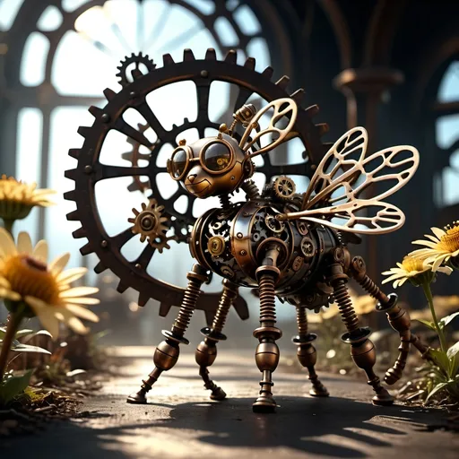 Prompt: (Metallic Steampunk Honey walking on a Cog flowers, all six legs visible), dark steampunk artstyle,  HD, 4K, crisp focus, atmospheric, intricate floral background with steampunk elements, metallic textures, gears and cogs intertwined with nature, soft sunlight filtering through, cinematic lighting, dramatic shadows, immersive and captivating scene.