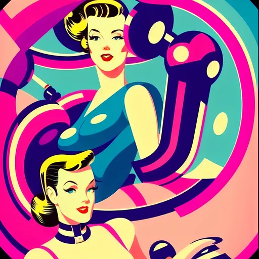 Prompt: futuristic-retro futurism style, (1940s pin-up women), vibrant warm color scheme, soft luminous lighting, nostalgic ambiance, elegant poses with playful expressions, vintage accessories, stylish hairdos, dreamy background blending futuristic elements with retro design, high detail and sharp focus, cinematic depth, the celebration of beauty throughout eras.