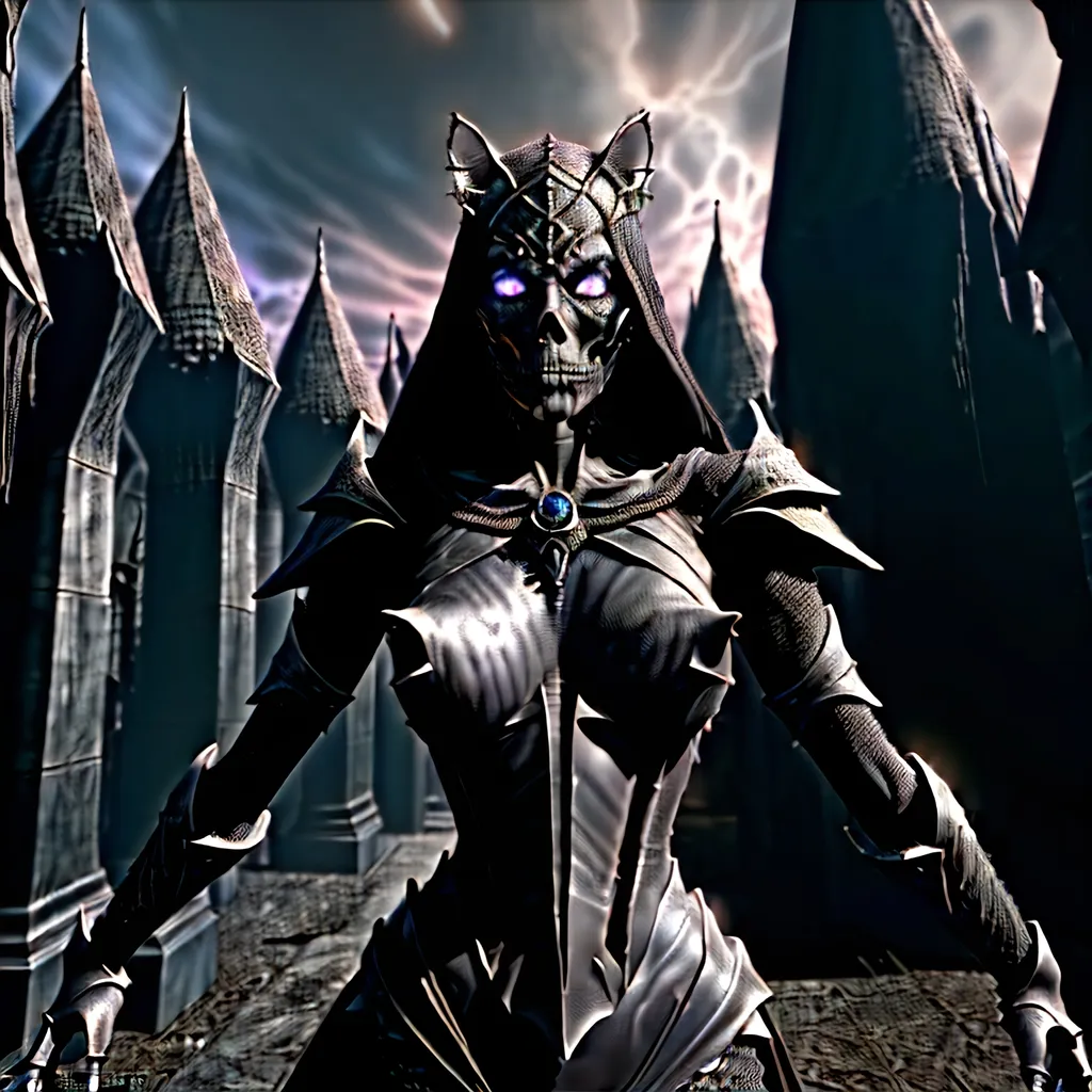 Prompt: skeletal bone Queen, dark color scheme, (fantasy RPG style), mysterious atmosphere, eerie background, intricate detailed armor, feline features woven into the design, dynamic pose, shadows and highlights emphasizing depth, high-adrenaline scene, (4K), ultra-detailed, magical aura surrounding the character, enchanting yet ominous vignette, dramatic composition.