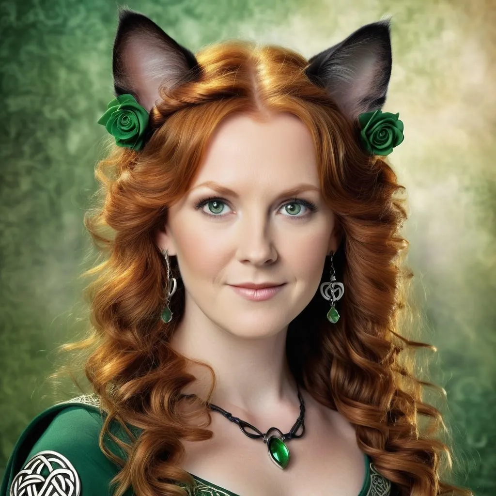 Prompt: 50 Year old Celtic woman with delicate cat ears, detailed Celtic Background