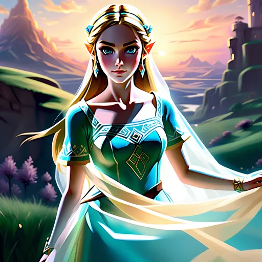 Prompt: (realism style), (pastel color scheme), scenic portrayal of the enigmatic, adventurous Zelda, intricate details in her elegant dress, soft hues illuminating her expression, dreamy background featuring enchanting landscapes, gentle lighting casting a calming atmosphere, 4K, ultra-detailed resurgence of a beloved character, capturing her spirit and timeless allure.