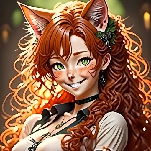 Prompt: <mymodel> Anime-style image of an older cat-eared woman), back facing camera (red hair), (detailed eyes), (alluring pose), looking back  laughing, (bright lighting), warm color scheme, (high resolution), (sensual), (detailed hair), fantasy elements, mesmerizing, captivating atmosphere, ultra-detailed, whimsical background, enchanting ambiance.