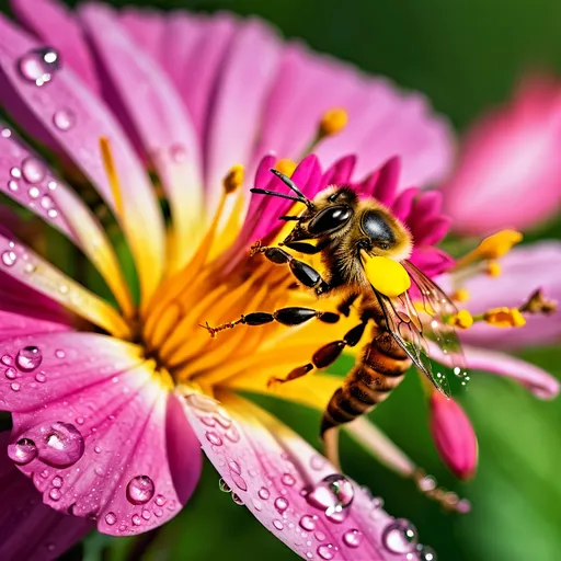 Prompt: (Close up Honey bee sipping nectar on a flower all six legs visible),  intricate wing details, nature, summer vibes, high-definition, ultra-detailed,  crisp focus, 4K.