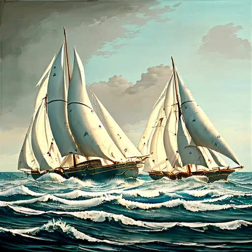 Prompt: oil painting, natural color scheme, (three masted sailing ship body made out of glass), (traveling swiftly) on a (realistic ocean), (sails full of wind), (dolphins breaching) in front of the bow, serene atmosphere, nature-inspired, fluid and dynamic scene, delicate brush strokes, soft light filtering through, emphasizing tranquility and adventure, ultra-detailed, high-definition.