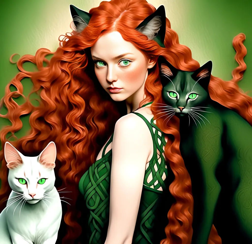 Prompt: Japanese ink illustration of a Celtic woman with cat ears and tail, long red curly hair, detailed green eyes, detailed skin texture, full body view, delicate, diffused lighting, beautiful, artistic, detailed, fantasy style Celtic background, long hair, detailed eyes, full-body, elegant, ethereal, soft lighting