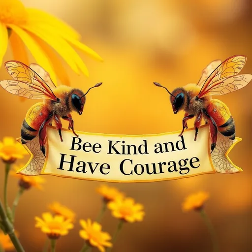 Prompt: fantasy style, (two Honey bees at each end of a banner that reads),(accurately spelled text "Bee Kind and Have Courage"), warm color scheme, vibrant hues of orange and gold, whimsical springtime  atmosphere, cozy and enchanting vibe, intricate details in design, magical aura, high quality, ultra-detailed, captivating and inviting presentation.