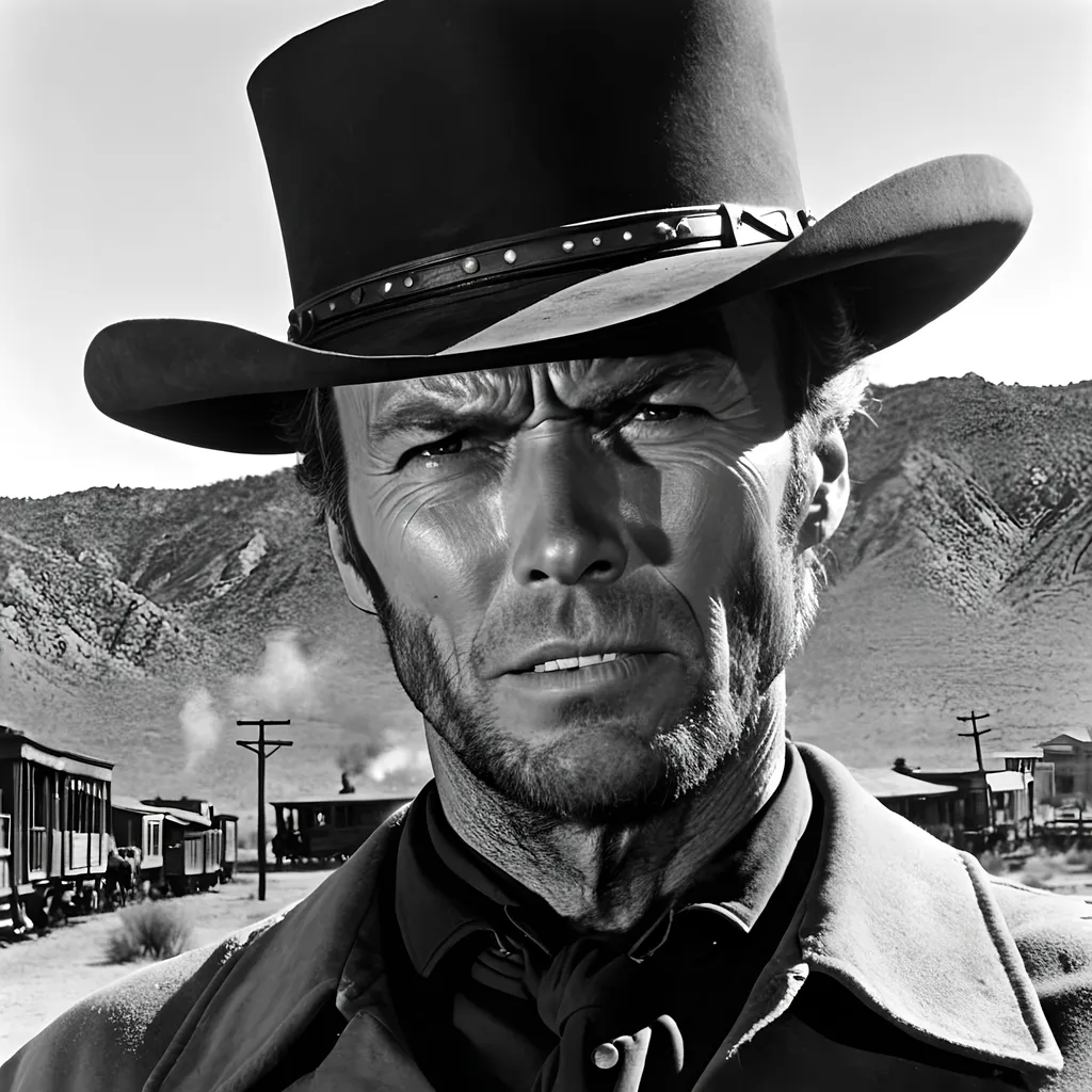 Prompt: Clint Eastwood as Johnna Hex Scar Partiall closing half of his mouth, 
Old West Scene, Gunfight at High Noon, Wild West Town, Train on the Horizon  