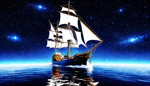 Prompt: (retro-futurism), (three masted sailing ship clear body), (traveling swiftly) across a (an ocean of stars), (sails full of wind), serene and tranquil atmosphere, vibrant reflections, ultra-detailed, cinematic lighting, creating a dreamlike scene that captivates the viewer.