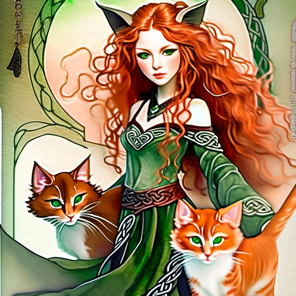 Prompt: Chinese-ink illustration of a Celtic woman with cat ears and tail, long red curly hair, detailed green eyes, detailed skin texture, full body view, delicate, diffused lighting, beautiful, artistic, detailed, fantasy style Celtic background, long hair, detailed eyes, full-body, elegant, ethereal, soft lighting