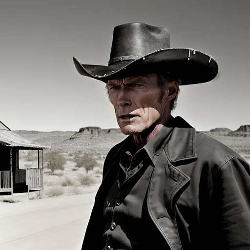 Prompt: Clint Eastwood as Johnna Hex Scar Partial closing half of his mouth, 
Old West Scene, Gunfight at High Noon, Wild West Town, Train on the Horizon  