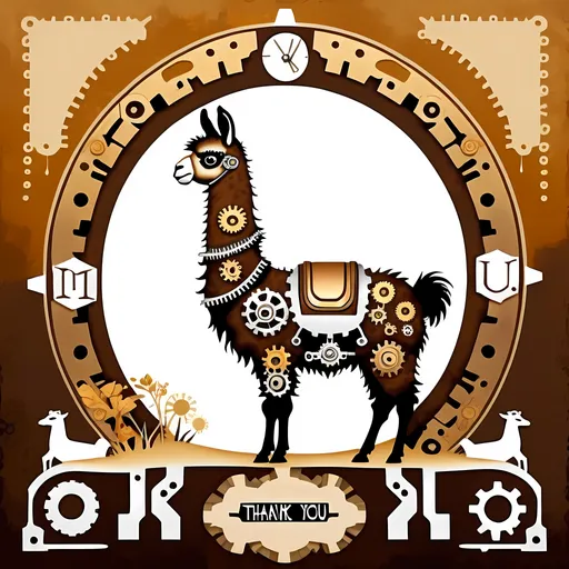 Prompt: (accurately spelled text "Thank You"), steampunk-inspired llama, intricate mechanical details, gears and cogs incorporated into the design, warm color scheme with rich browns and glowing golds, artistic brush strokes, whimsical yet sophisticated atmosphere, enchanting background with a hint of natural landscapes blending with industrial elements, captivating and ultra-detailed, oil painting style.