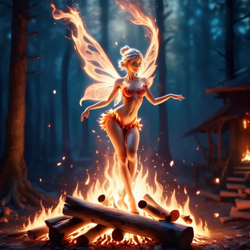 Prompt: (open hearth), (a fire fairy dancing atop the logs), fantasy style, warm color scheme, glowing embers illuminating the surroundings, ethereal ambiance, flickering shadows, intricate flames creating fluid motion, high detail, 4K, cinematic atmosphere, soft light casting a magical glow, enchanting and captivating scene.